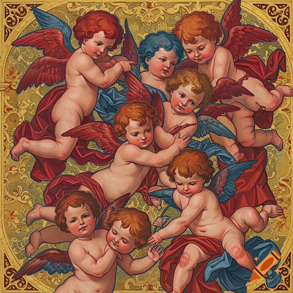 A historical style image shows a group of cherubs with red and blue wings on a gold patterned background.
