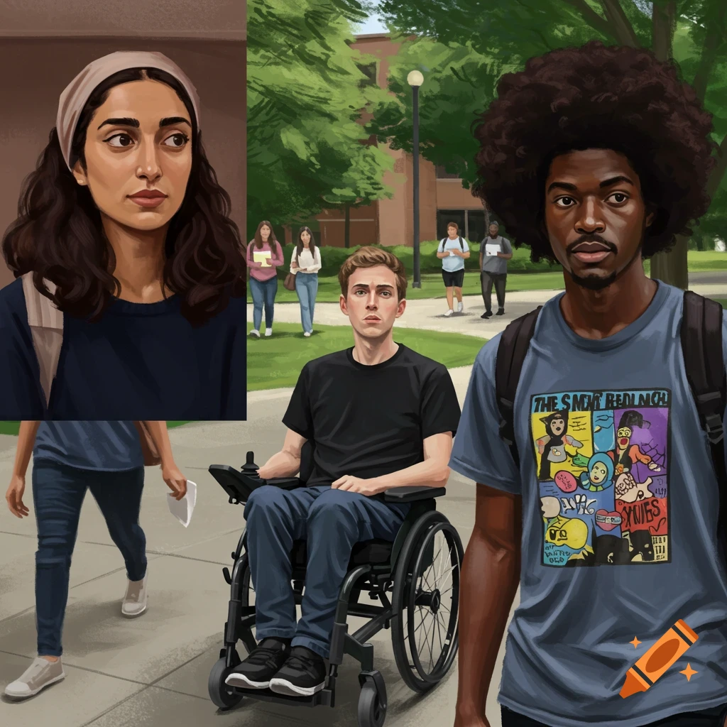 Students on a campus, including one in a wheelchair.