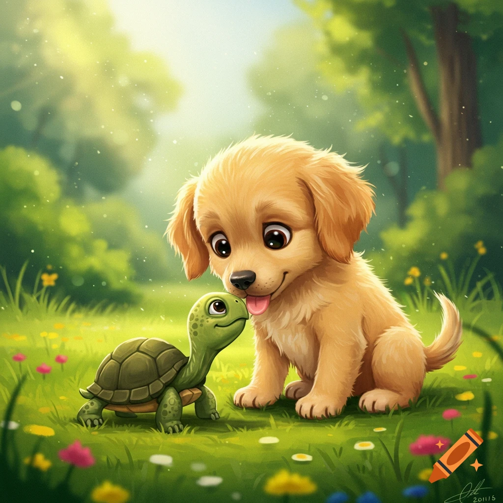 Adorable depiction of a puppy kissing a turtle in a sunny garden.