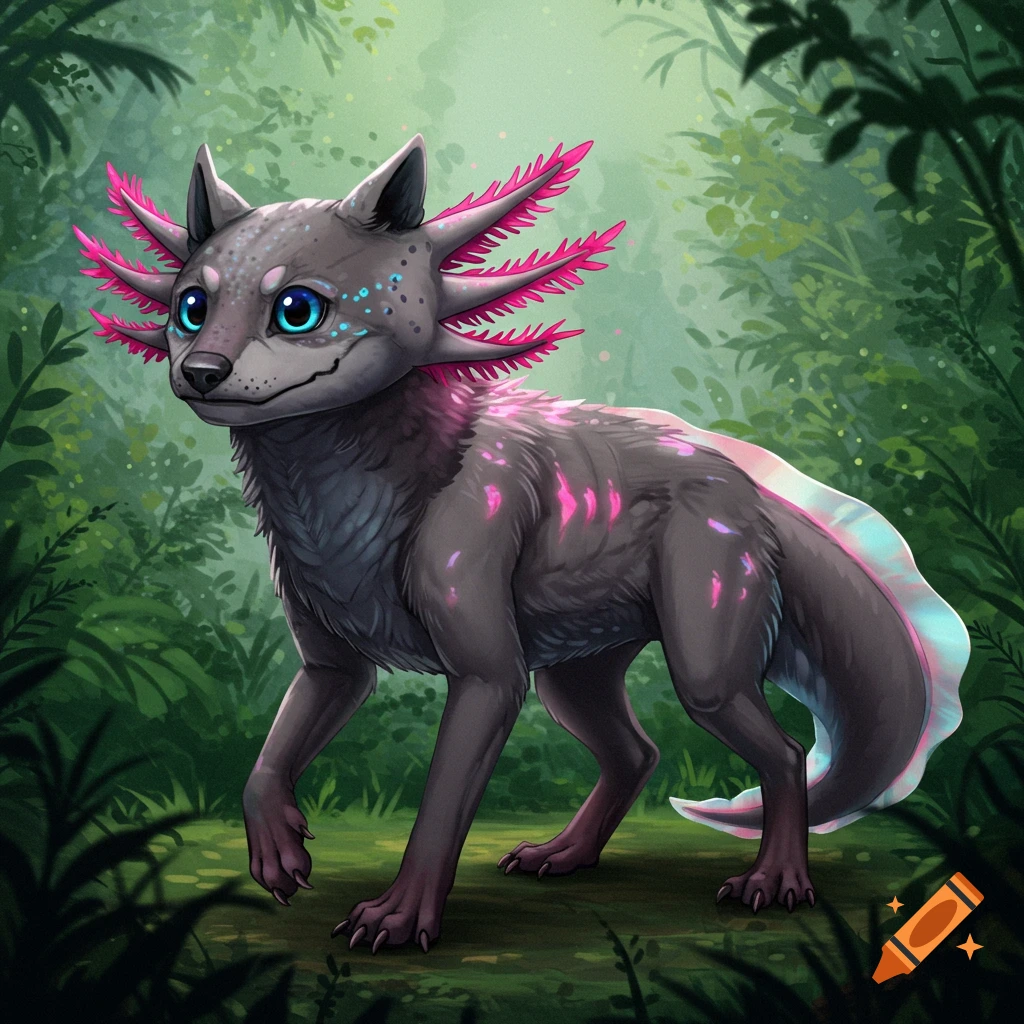A fantasy creature resembling a wolf with axolotl gills and features stands in a forest.