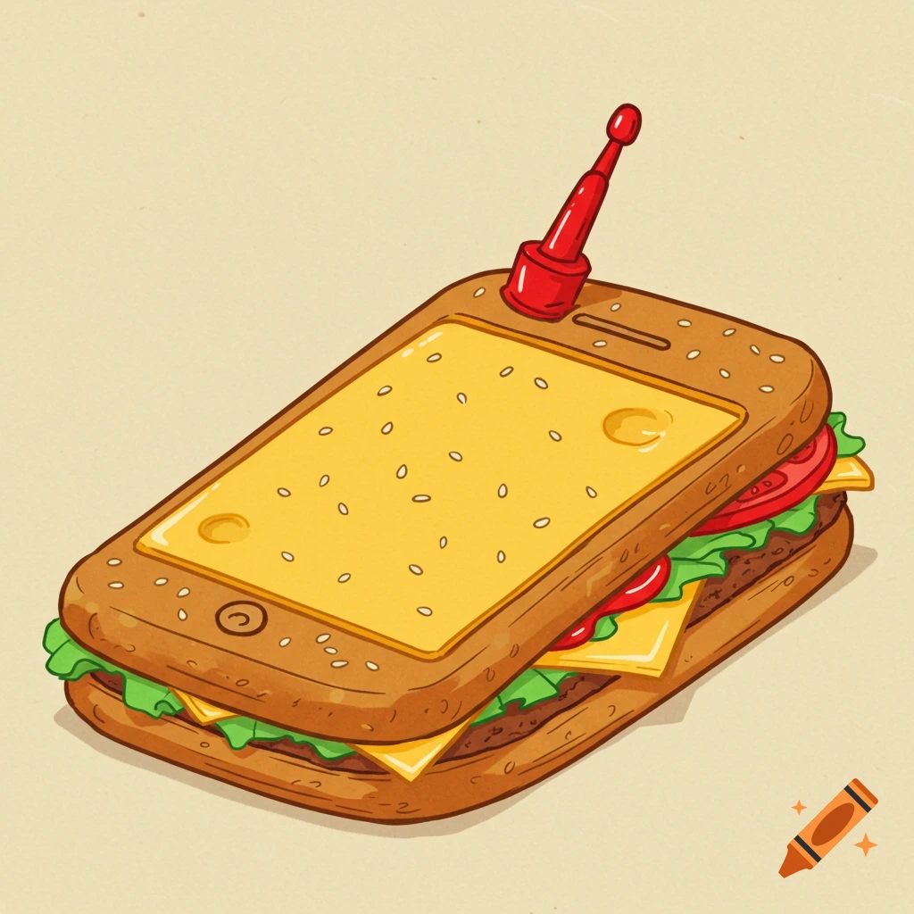 A cartoon illustration of a hamburger shaped like a smartphone with ketchup.