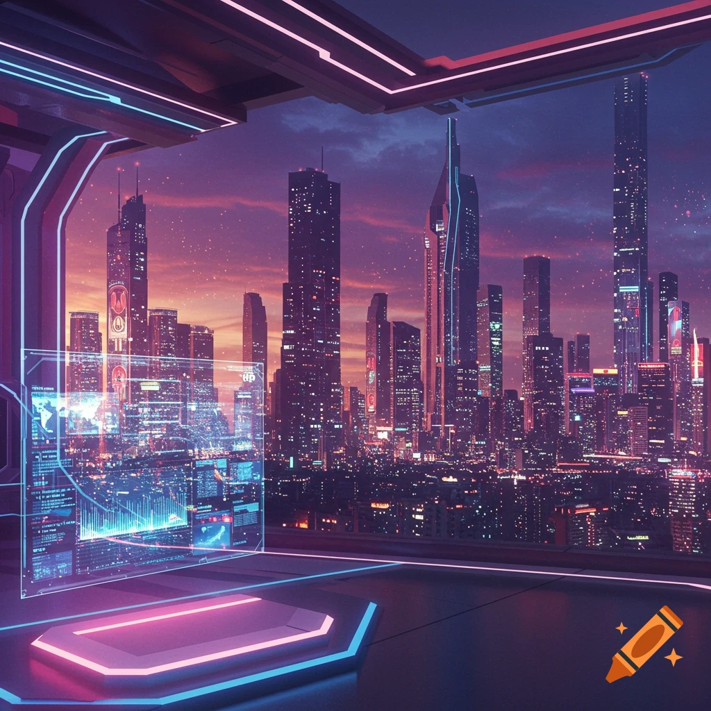 View from a futuristic room overlooking a cyberpunk city skyline at sunset with a transparent data screen.