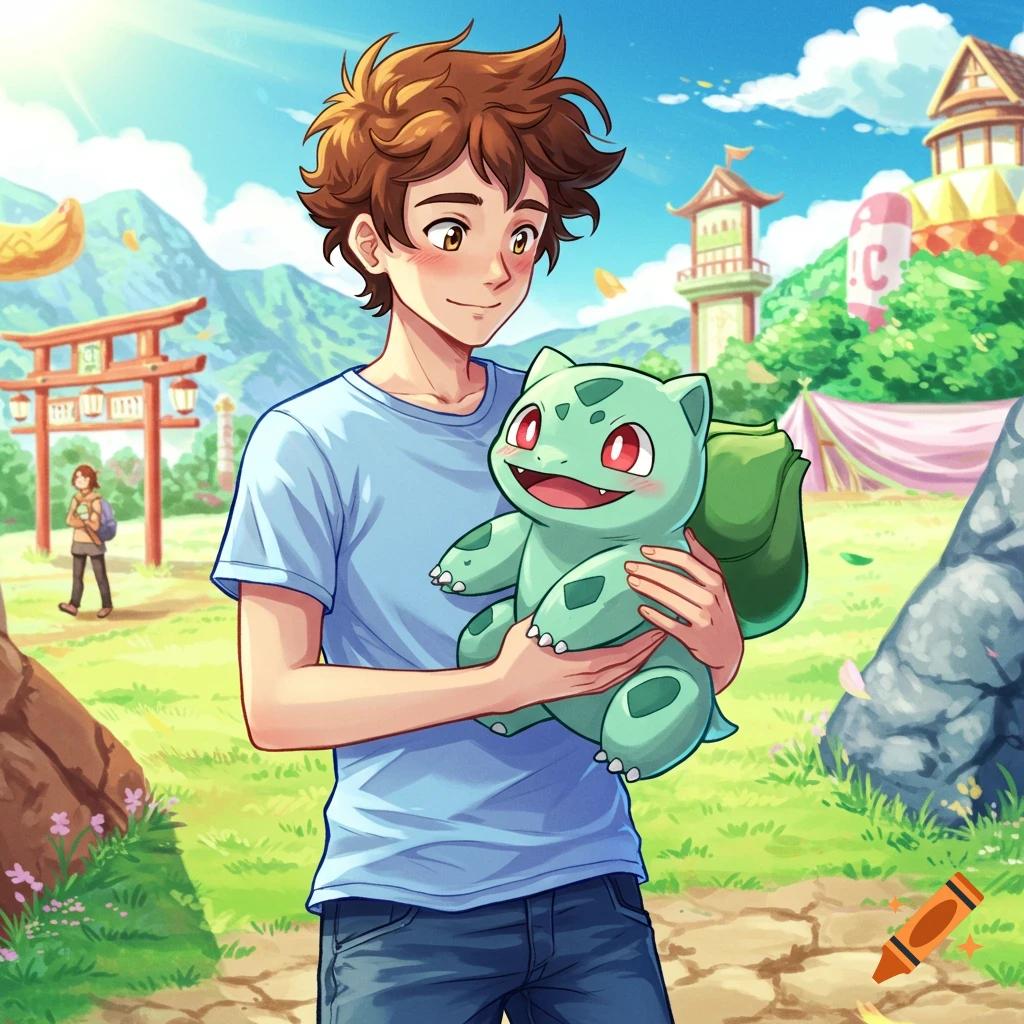 Anime man holds a Bulbasaur in a sunny fantasy landscape with mountains and a red torii gate.