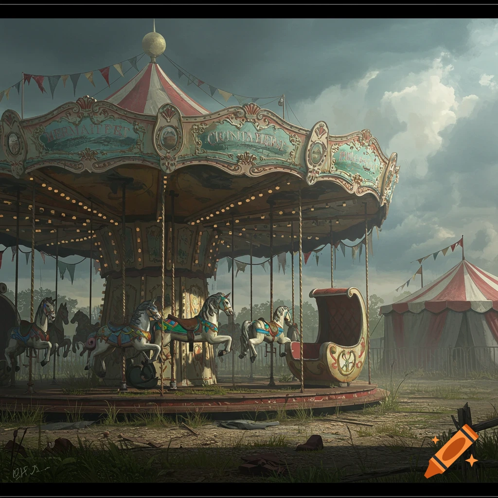 An abandoned carousel and tent under a cloudy sky