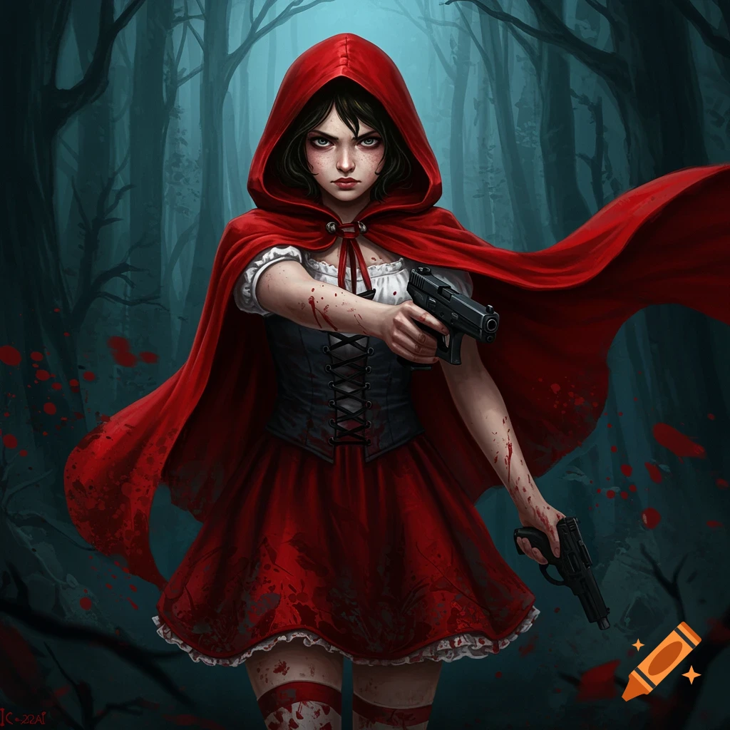 Action Little Red Riding Hood with guns and blood splatters in a dark forest.