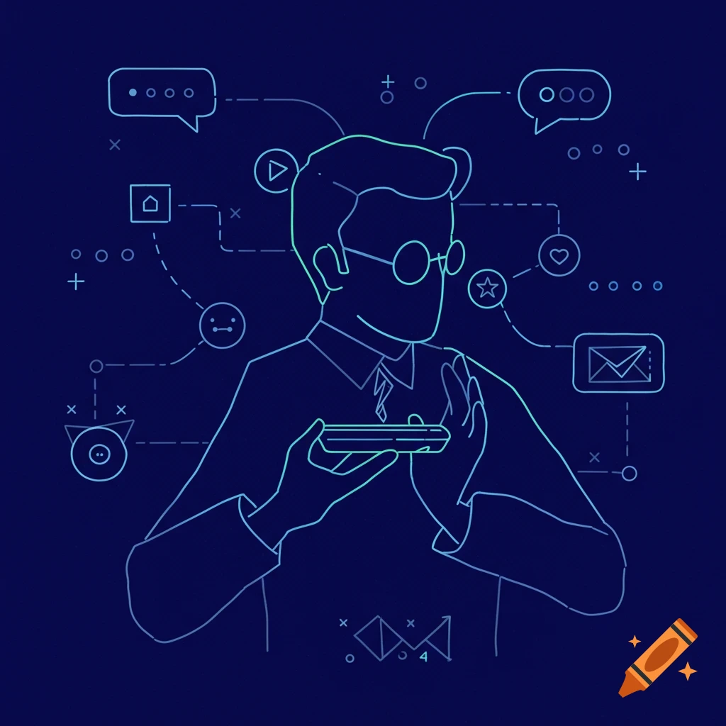 Stylized illustration of a person using a phone connected to social media icons.