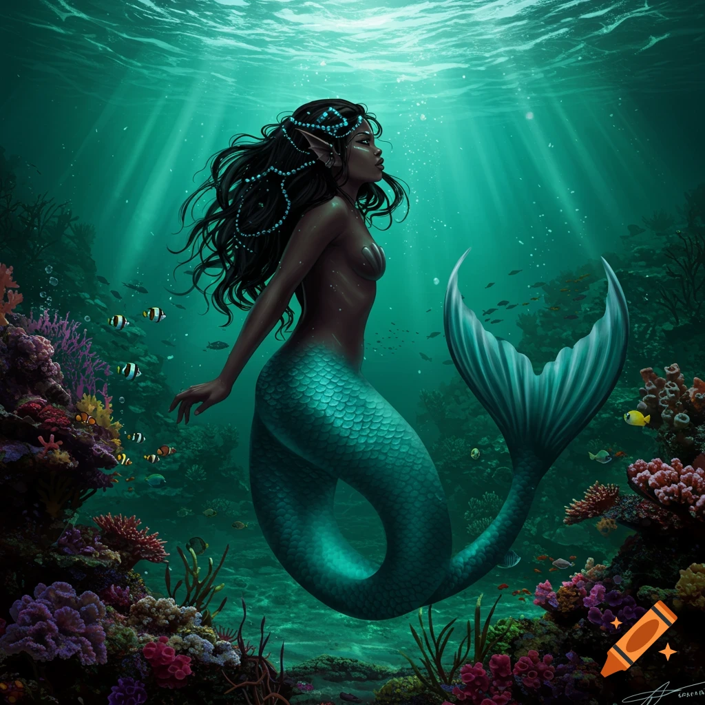 A black mermaid swims in a coral reef underwater.
