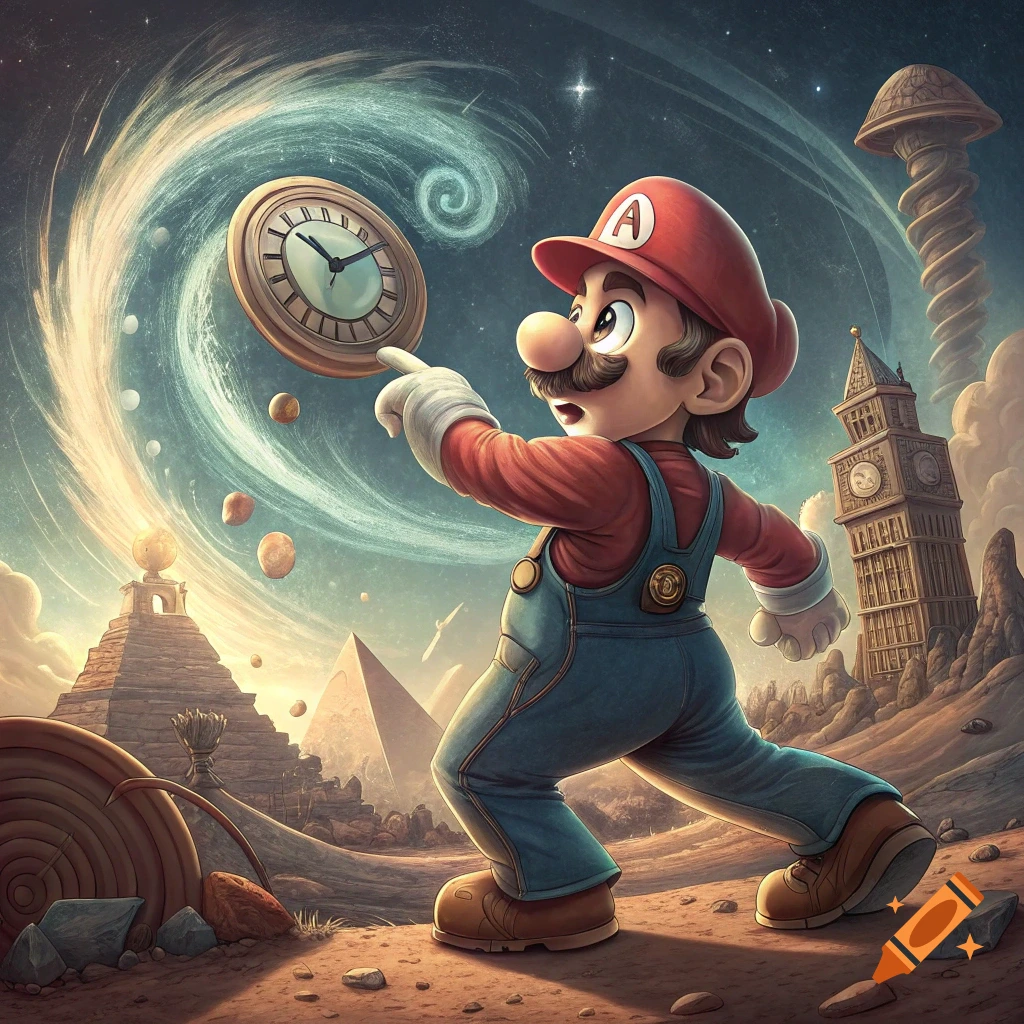 Mario points at a clock within a swirling time vortex, surrounded by pyramids and a tower.