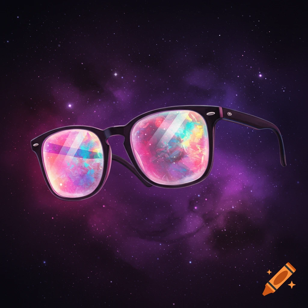 Glasses reflecting a galaxy in space