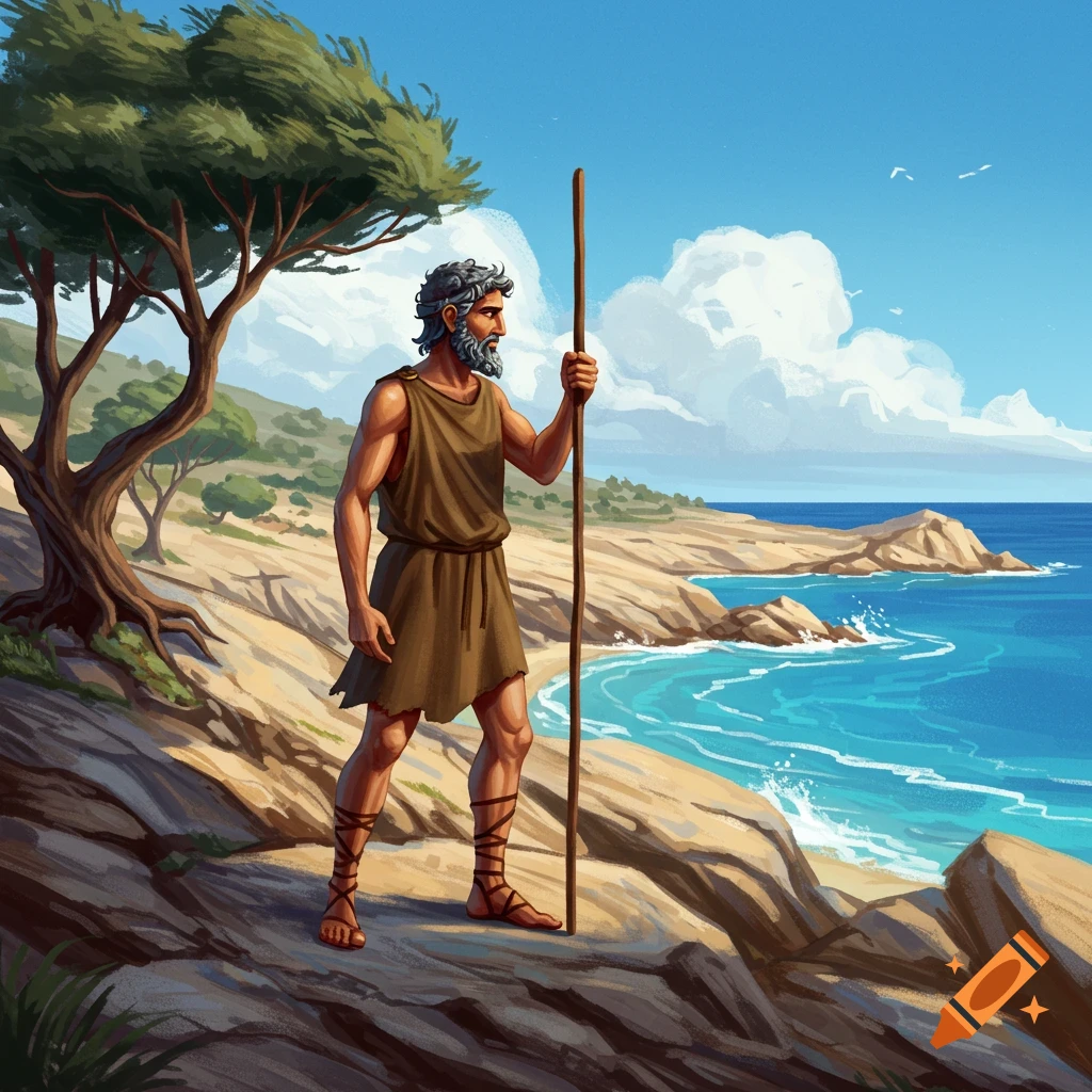 A man in ancient attire stands on a rocky coast with a staff, looking out at the sea.