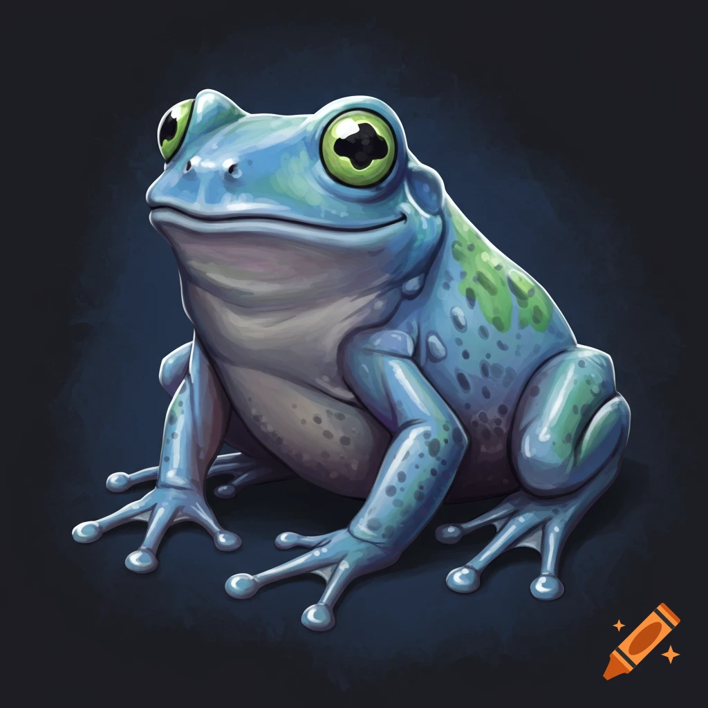 A stylized image of a blue frog with green spots, big eyes, and a smile.