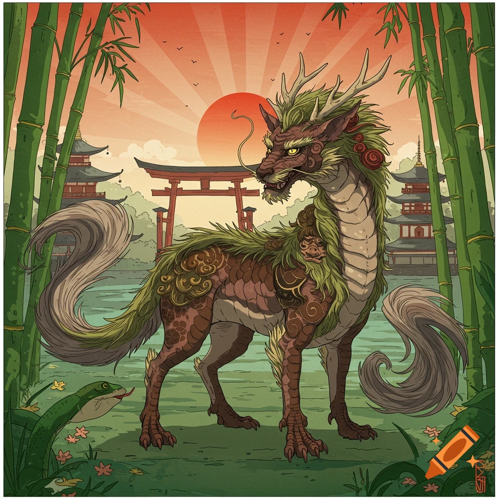 Illustration of a mythological creature in a Japanese landscape with bamboo, temples, and a red sun.