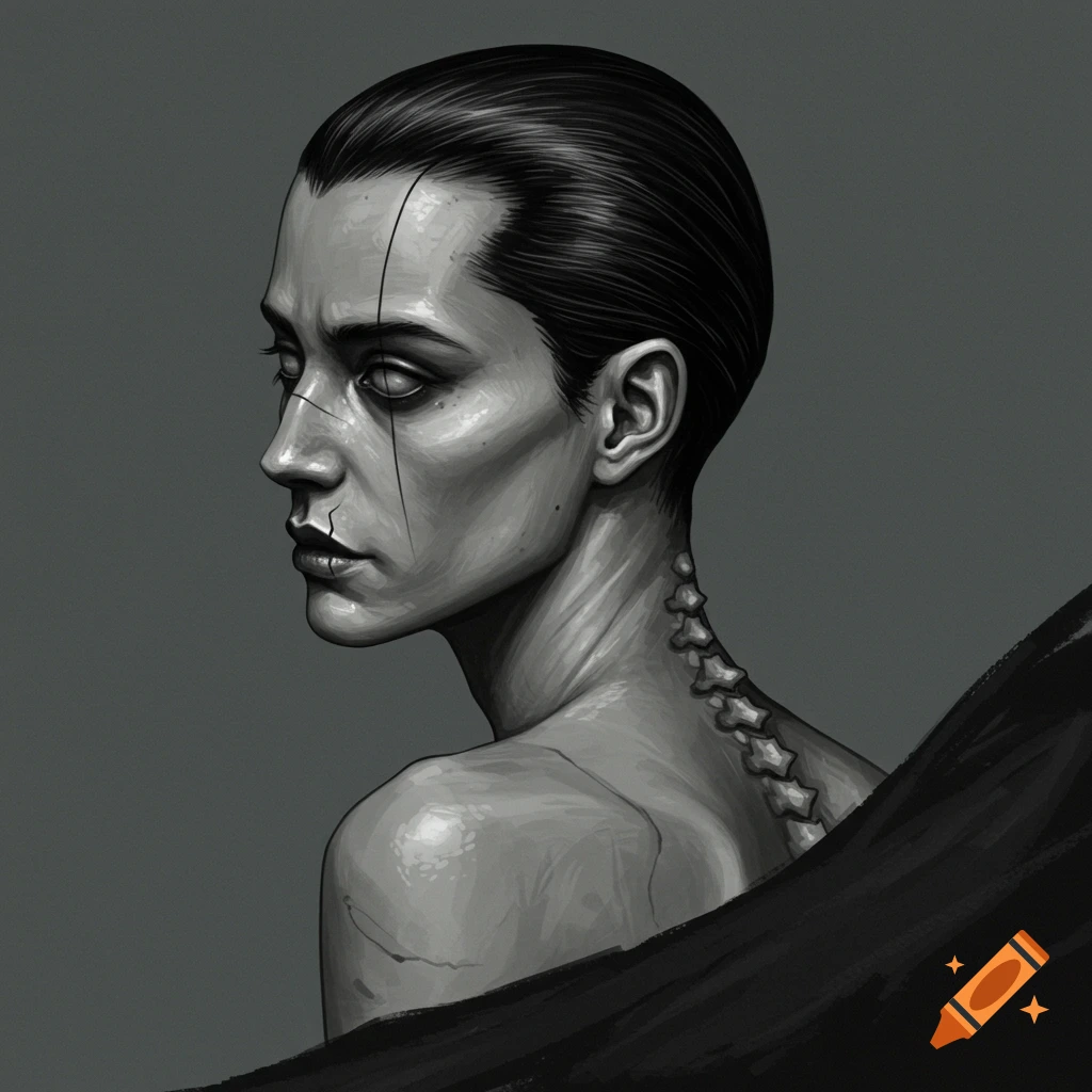 Grayscale digital portrait of a figure with slicked hair, gray skin, exposed spine, and cracks on the face.
