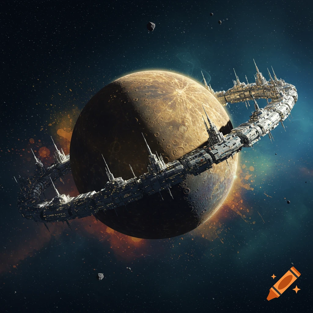 A planet resembling Mercury orbited by a large ring-shaped space station.
