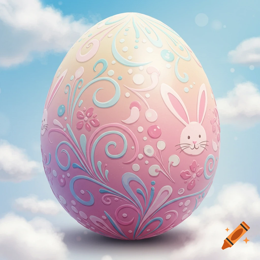 A pink and yellow Easter egg with intricate pastel patterns and bunny faces, floating in a sky with clouds.