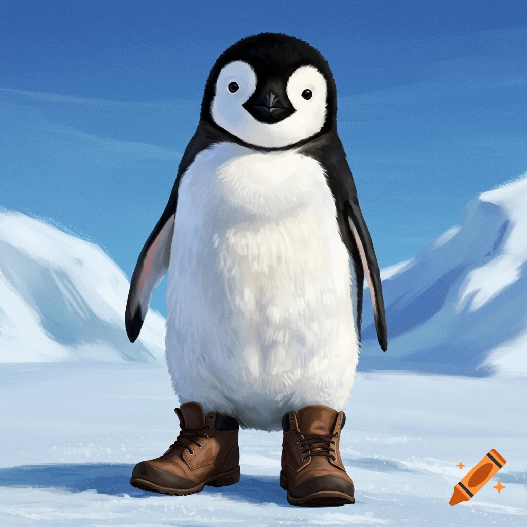 A baby penguin wearing brown boots standing in the snow.