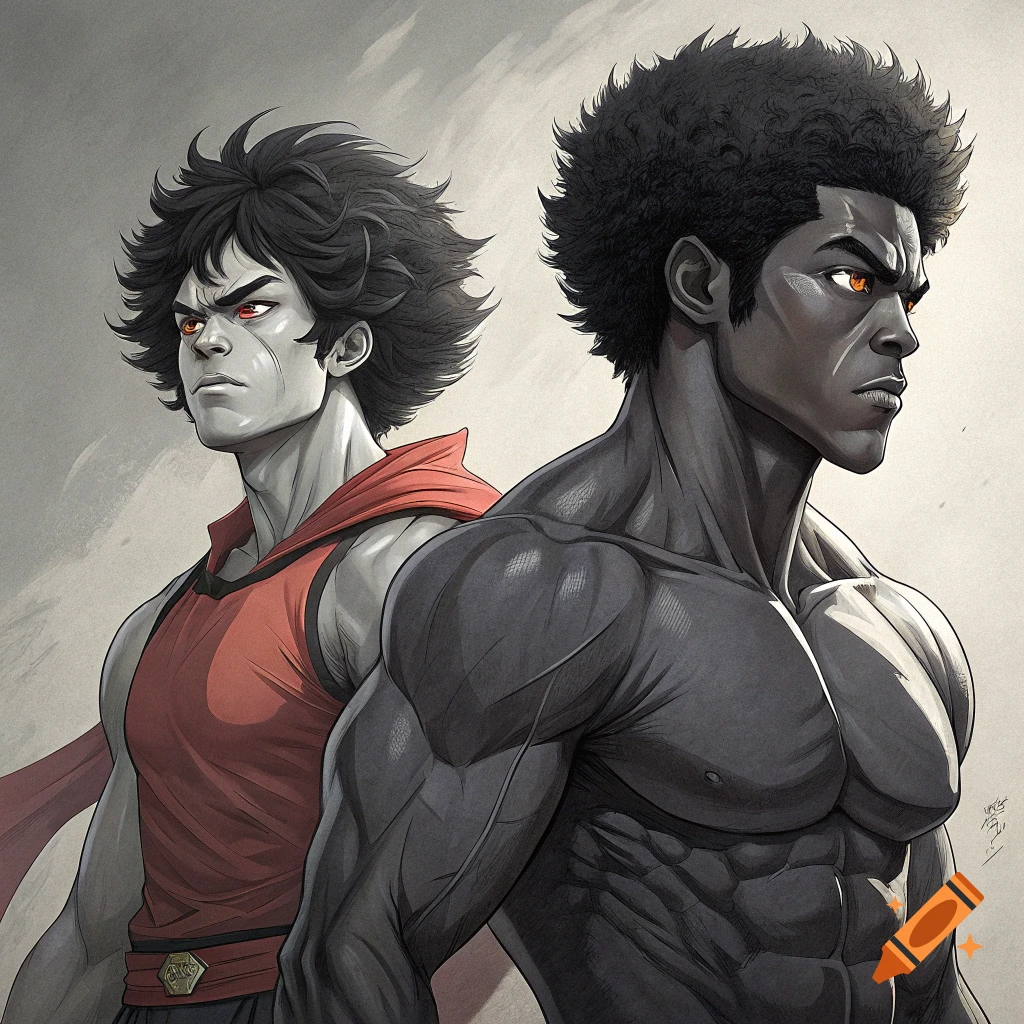 Two muscular men with intense eyes in an anime style.