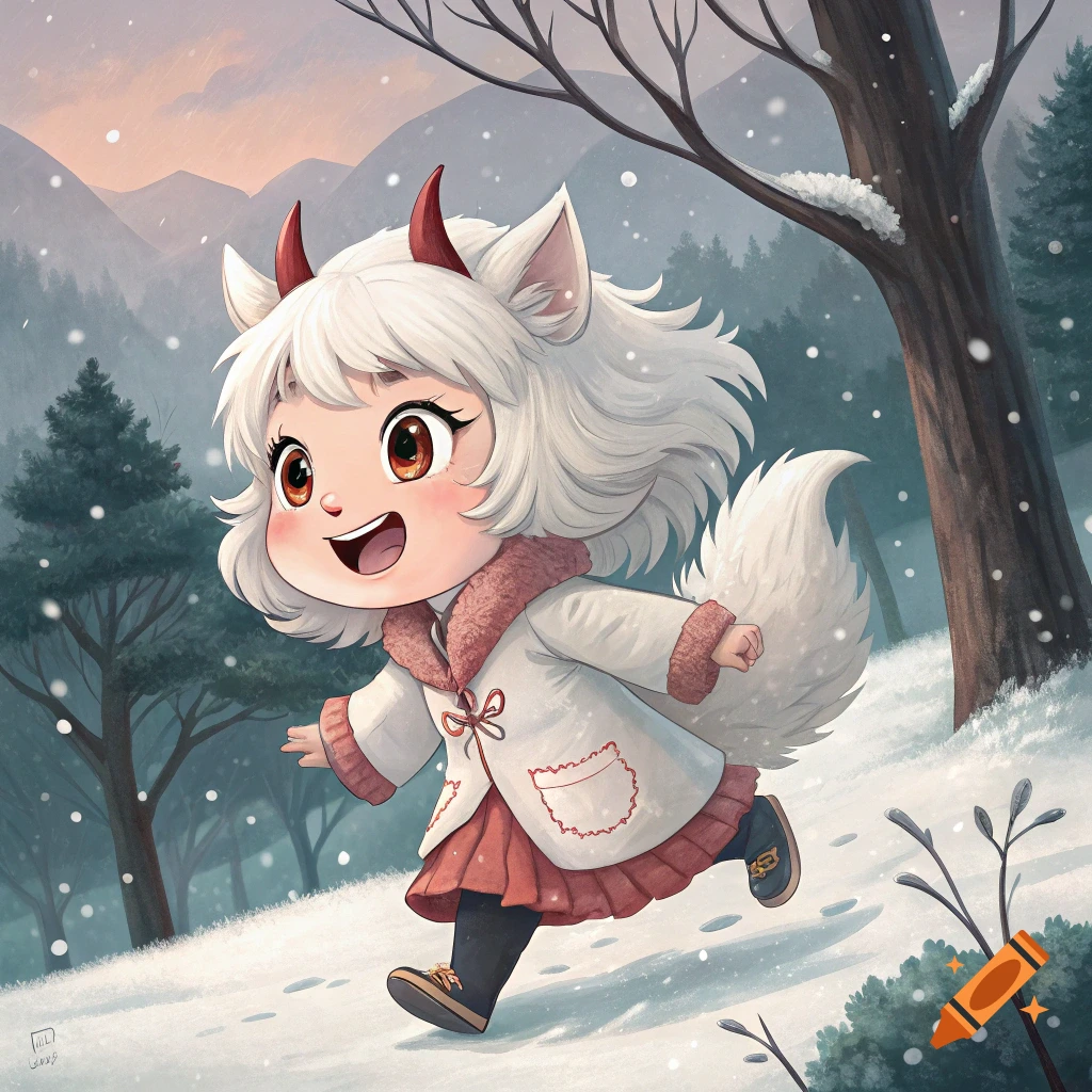 A cute chibi-style creature with white fur, fox ears and tail, and red horns, runs through a snowy forest.