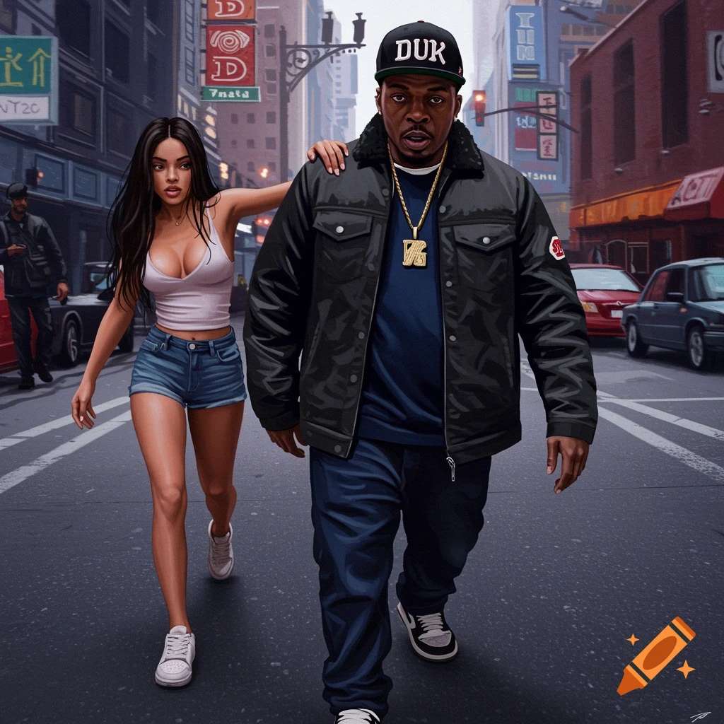 A man and woman walking down a city street.