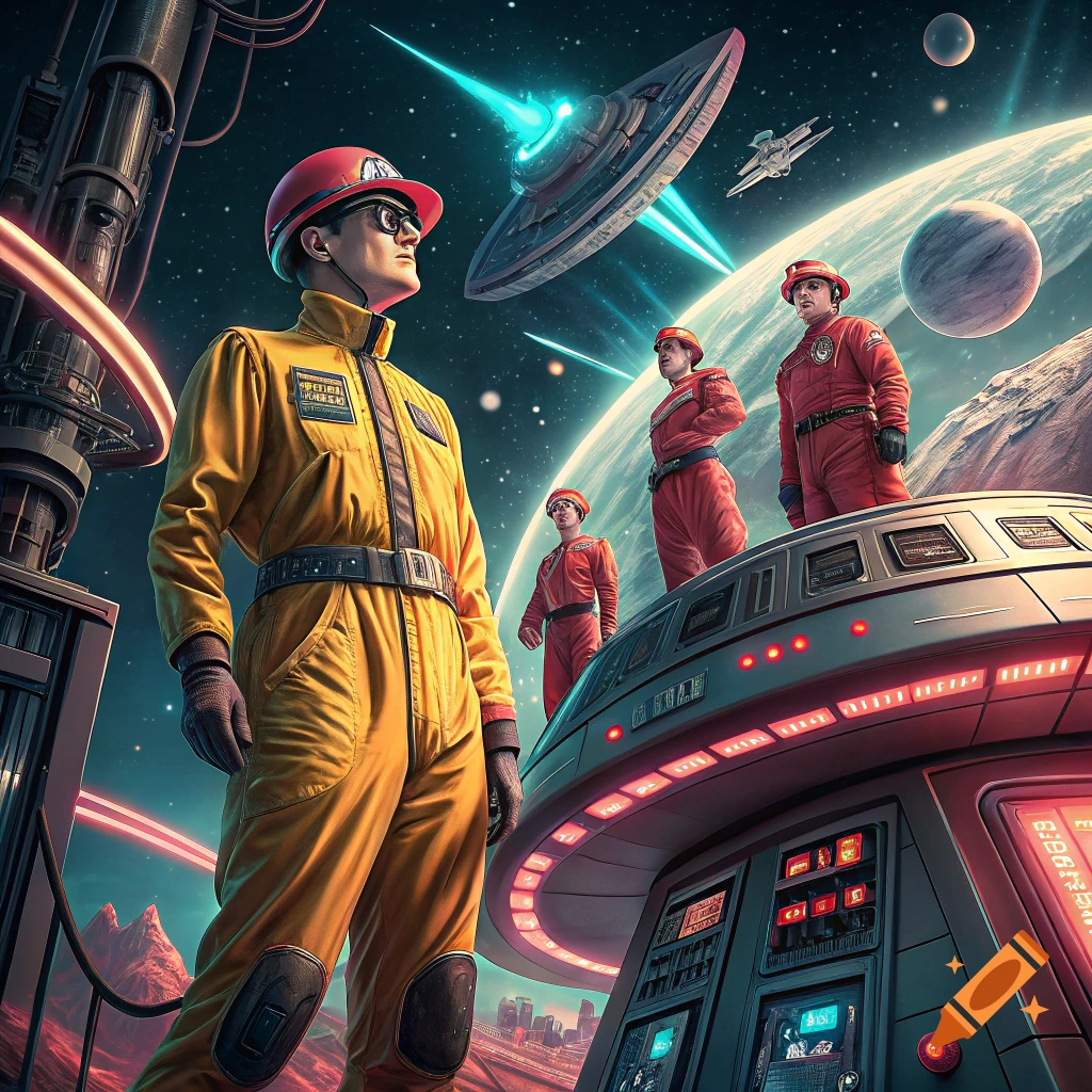 Four figures in yellow and red jumpsuits stand in a space opera setting with planets and spaceships.