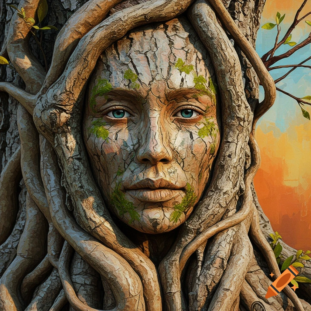 Face integrated into a tree, made of bark and roots with moss and blue eyes.