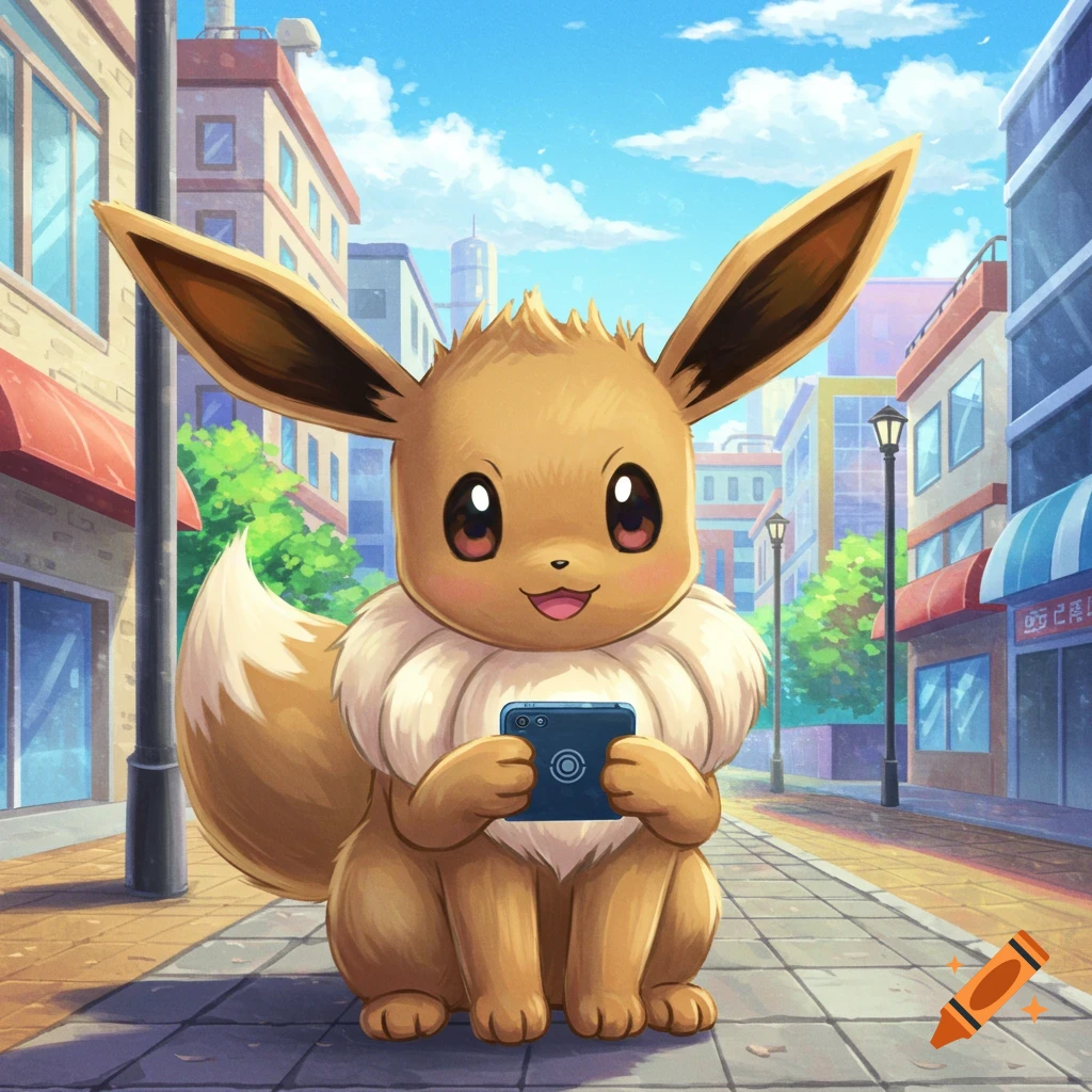 Eevee holding a phone on a city street