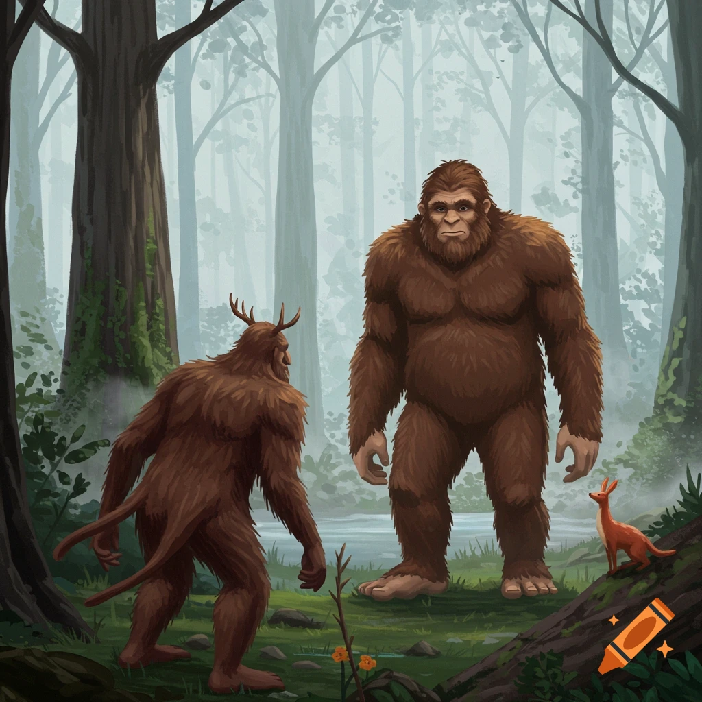 Bigfoot and a horned cryptid in a misty forest.