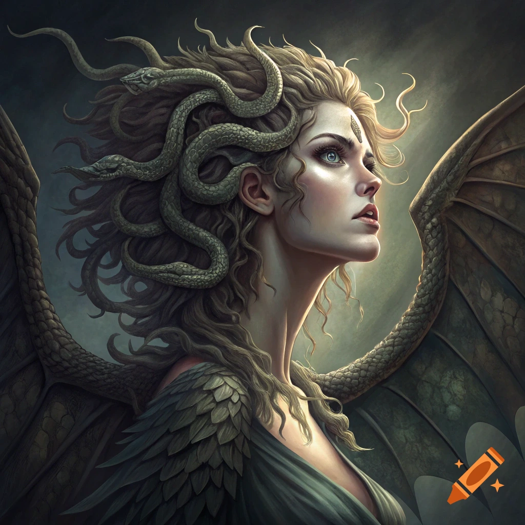 Fantasy portrait of a female with snake hair and dragon wings