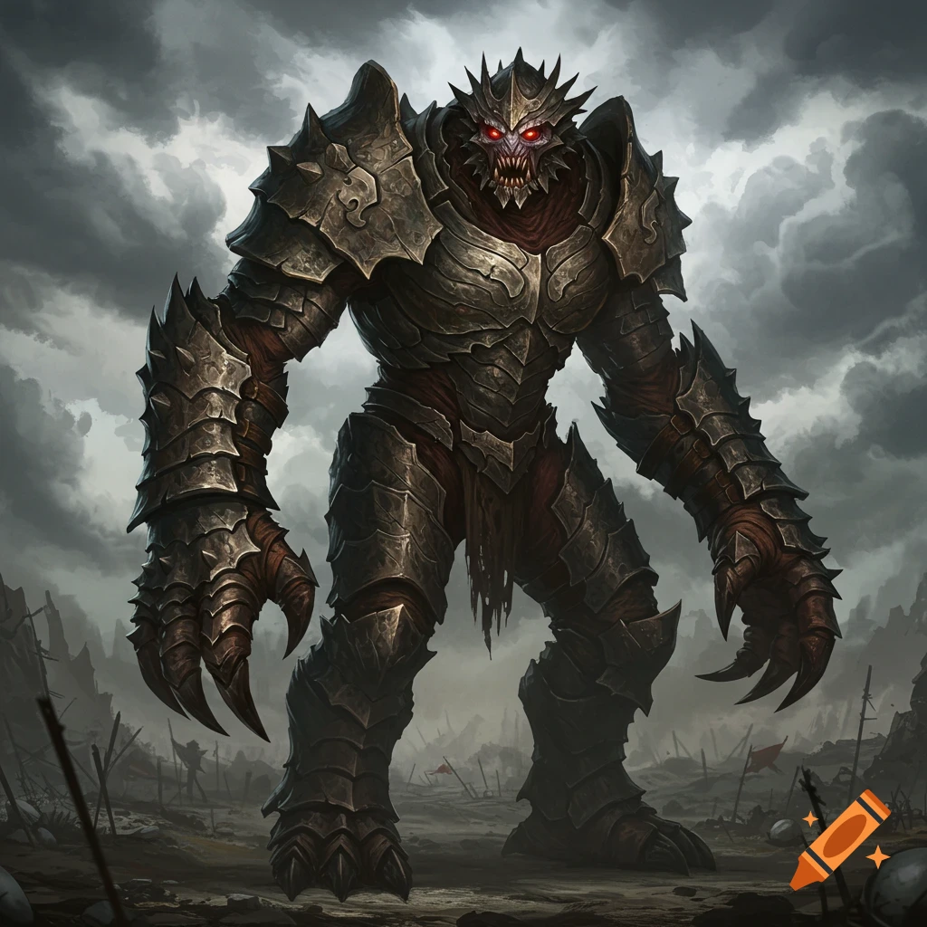 A large, heavily armored monster with glowing red eyes stands on aolate battlefield under a cloudy sky.