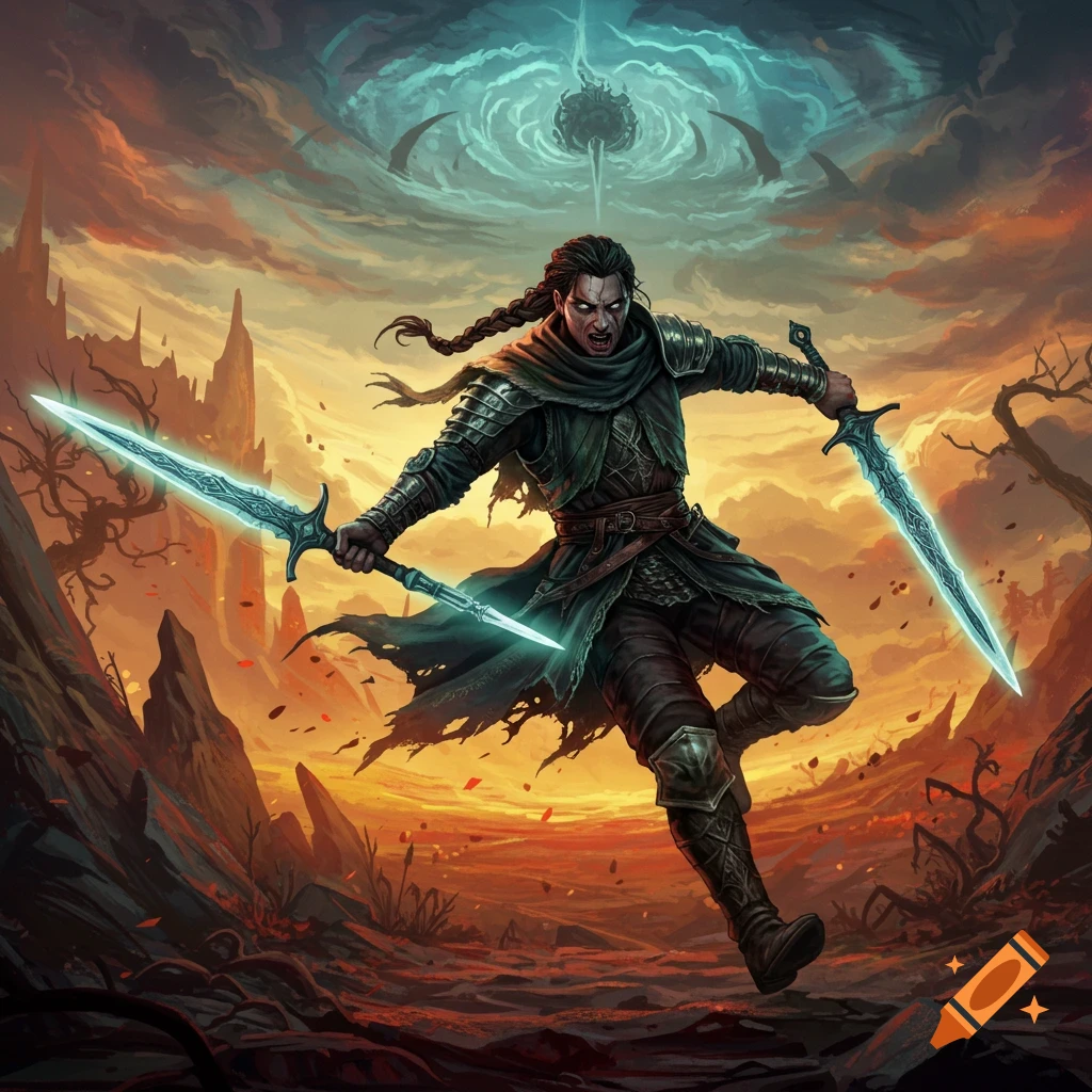 A fierce warrior in dark fantasy armor holds two glowing swords in a dramatic rocky landscape under a swirling sky.