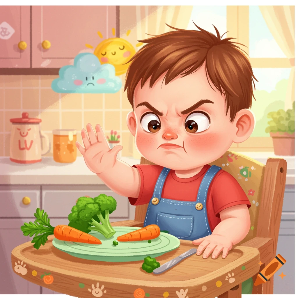 Cartoon illustration of a child refusing vegetables in a highchair