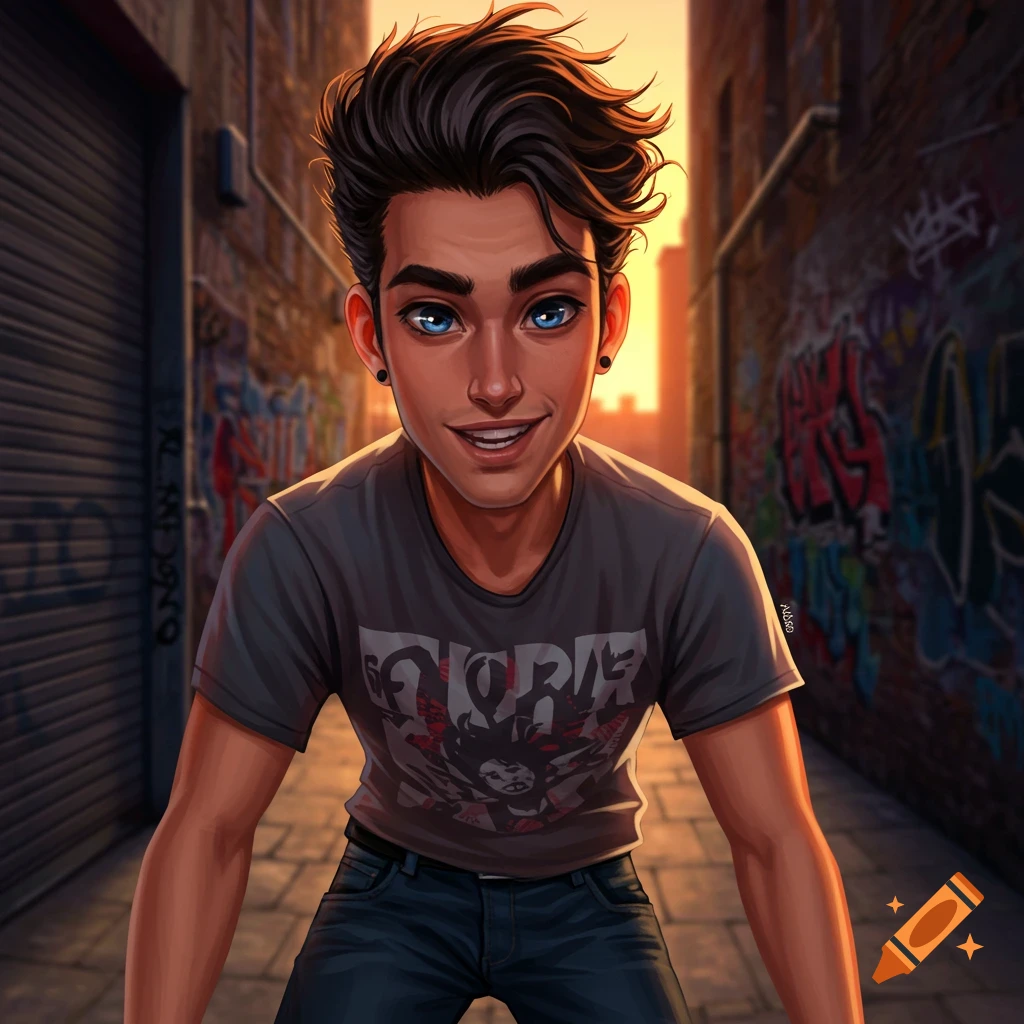 A young man with blue eyes smiles in an alley at sunset.