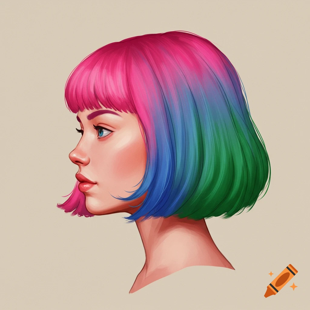 A woman in profile with colorful pink, blue, and green hair.