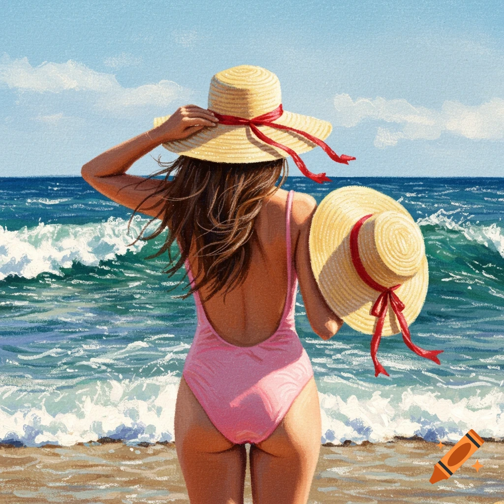 Painting of a woman in a pink swimsuit holding hats, looking at waves on a beach.
