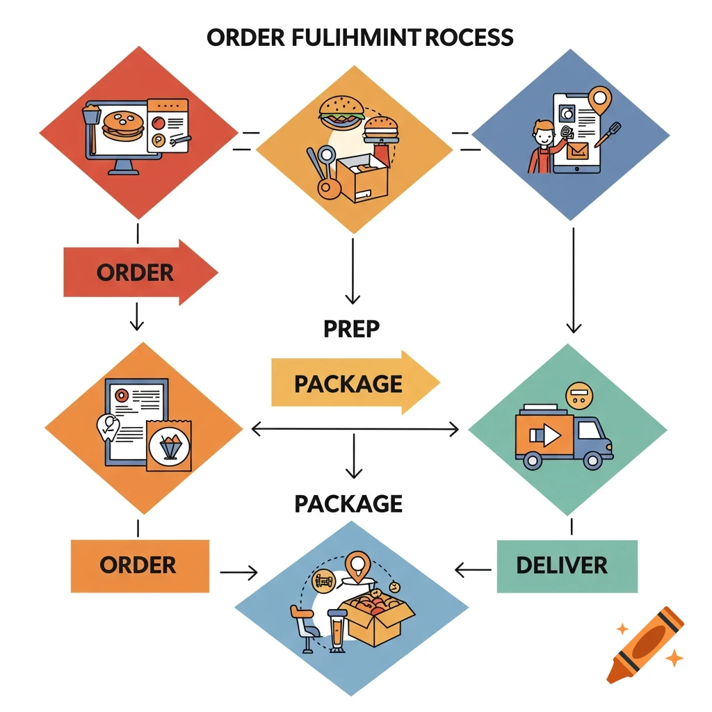 A simple flowchart diagram illustrating an order fulfillment process, with steps from order to delivery.