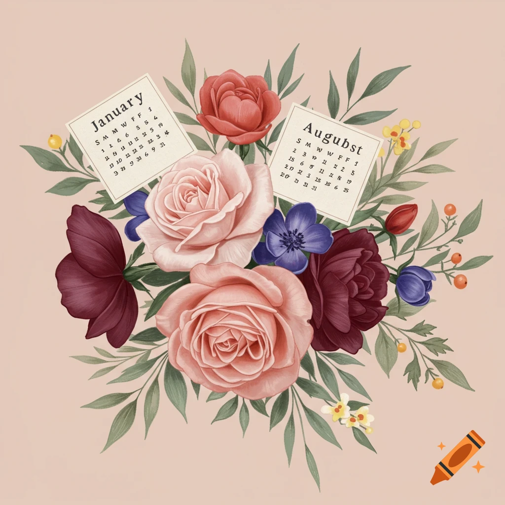 A watercolor illustration of a bouquet of pink, red, and purple flowers with two calendar cards showing 'January' and 'Augubst'.