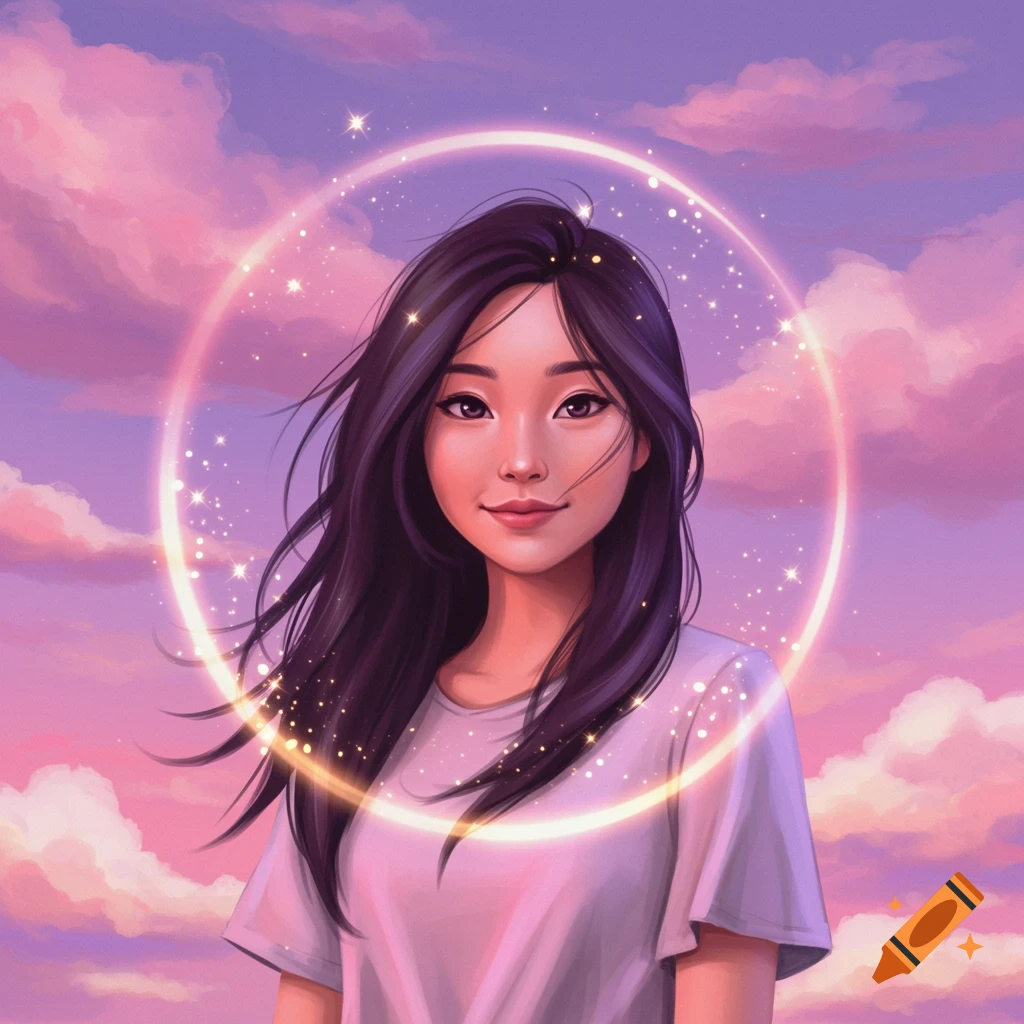A young Asian woman with dark hair and glowing aura against a pink and purple sky.