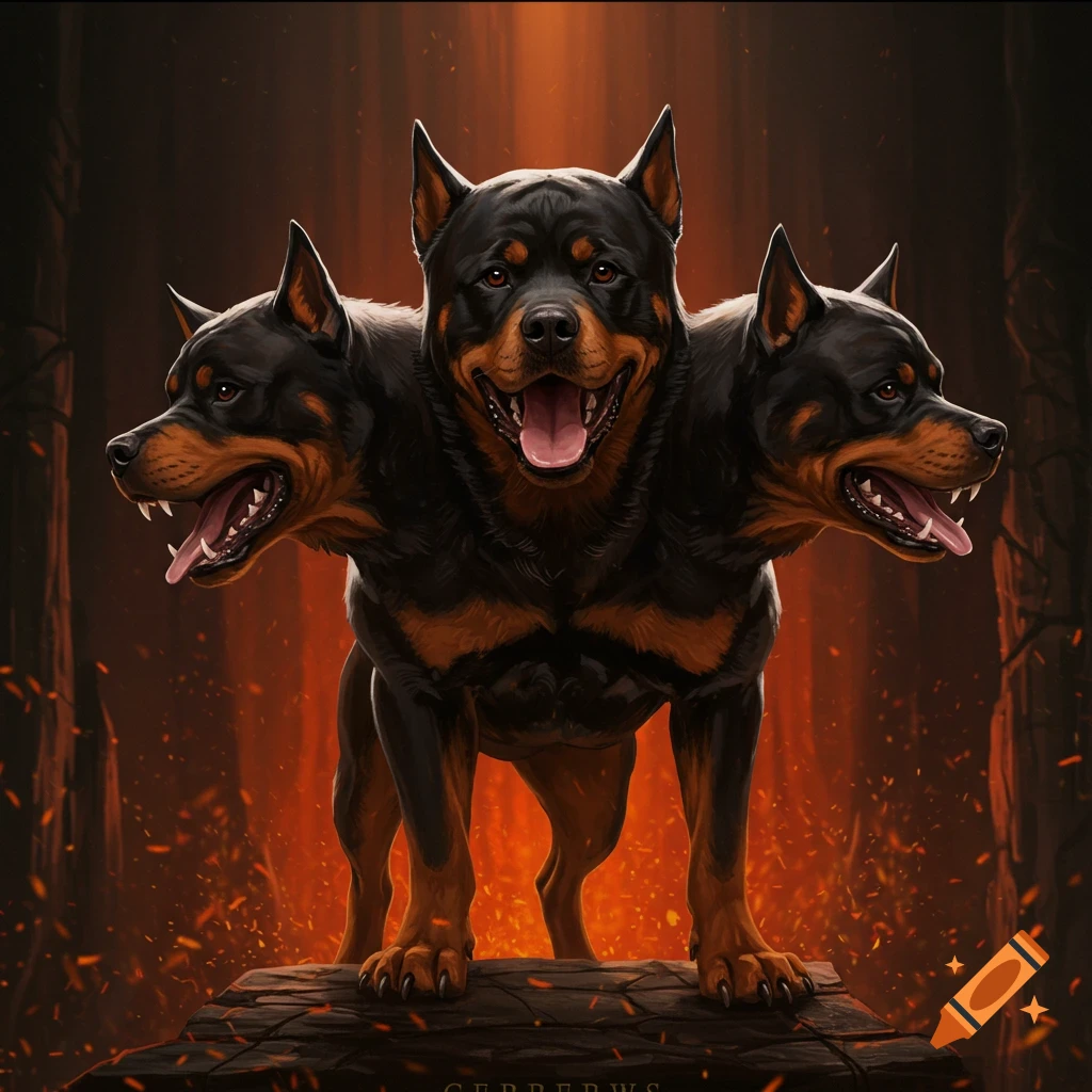 A three-headed Rottweiler, Cerberus, stands on a rock surrounded by fire and embers.