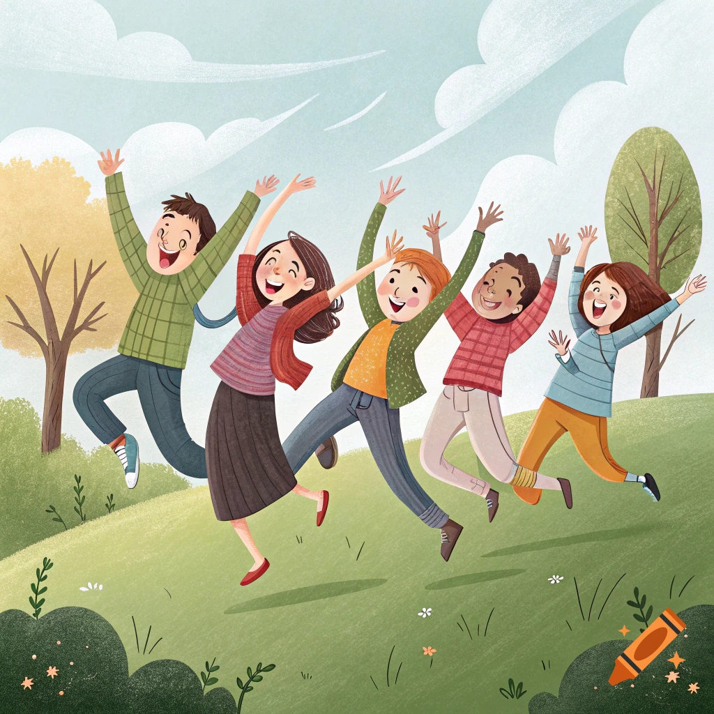 An illustration of diverse children jumping for joy in a park.