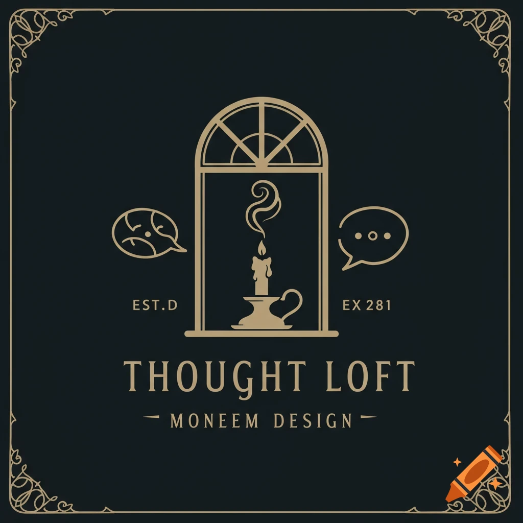 Minimalist vintage logo with a window, candle, thought bubbles, and text 'Thought Loft'.