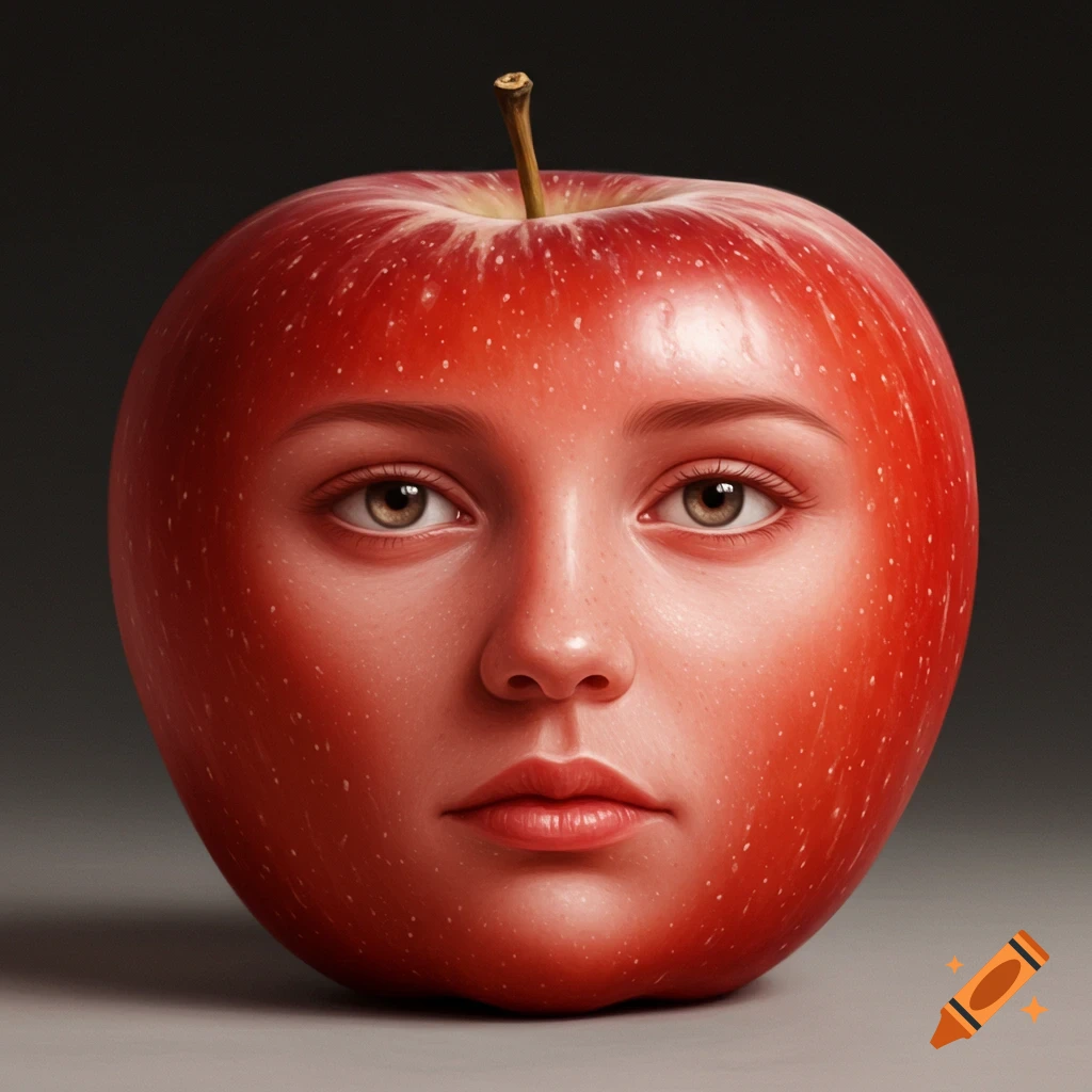 A human face seamlessly integrated into a red apple.