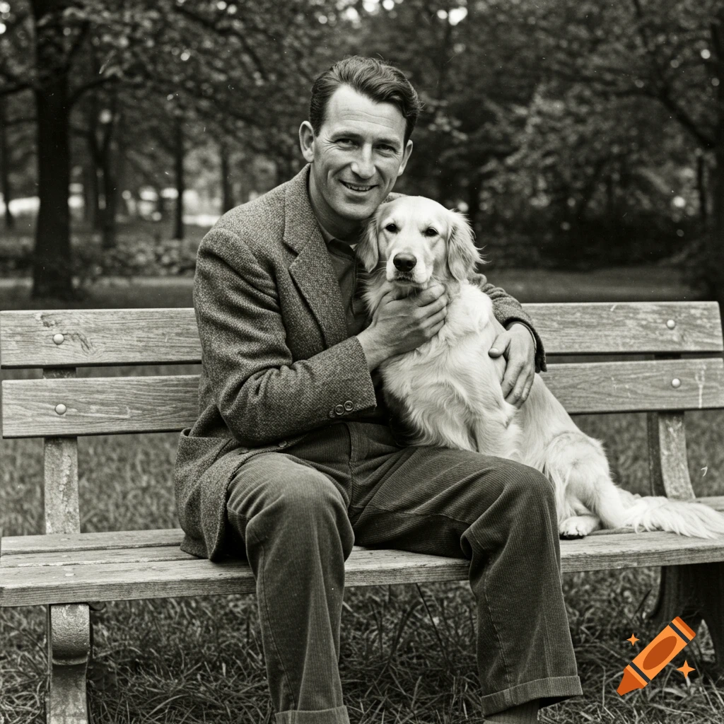 Vintage photo of a man sitting on a park bench holding a golden retriever.
