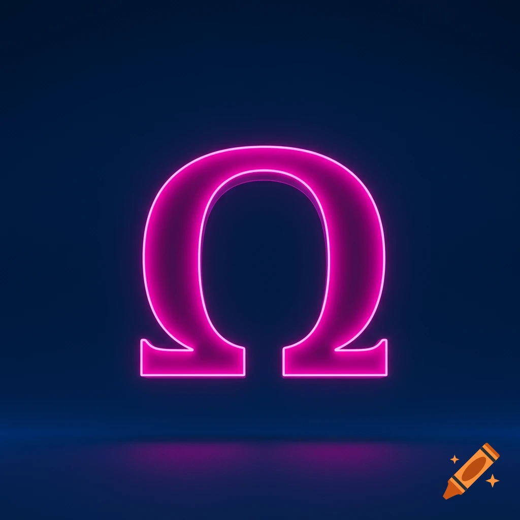 A pink neon uppercase Omega symbol on a dark blue background with reflection.