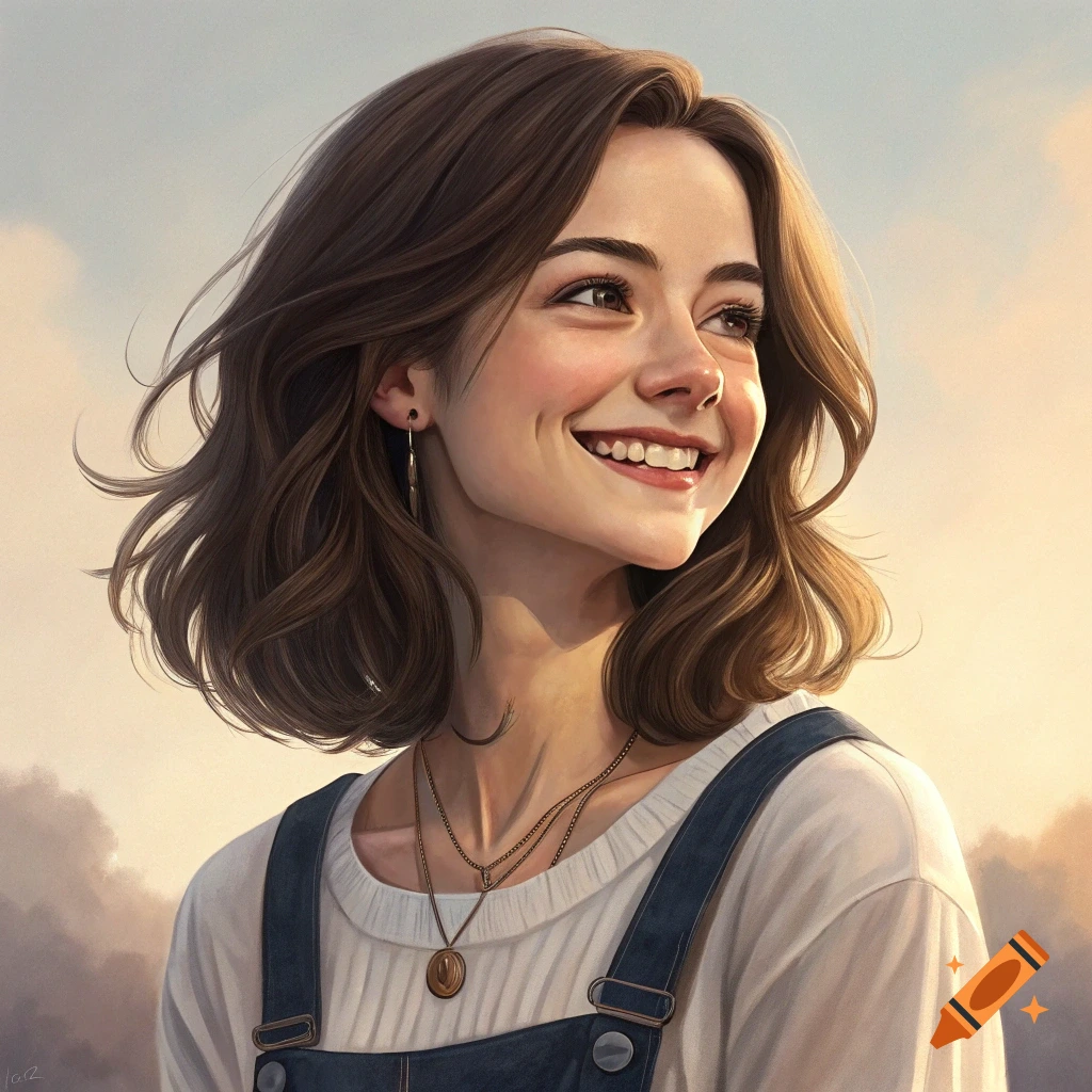 Smiling young woman in overalls with sunlit hair against a cloudy sky.