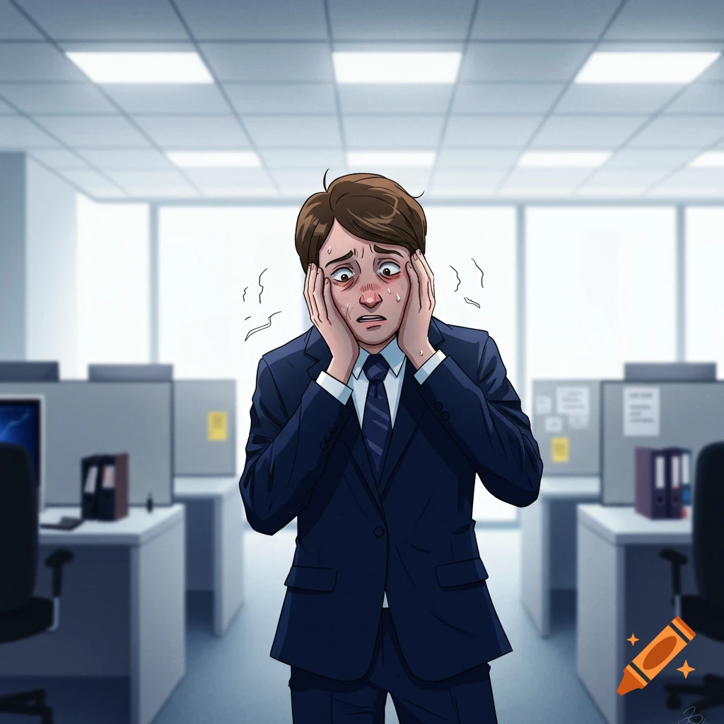 A stressed man in a suit holding his head in an office.