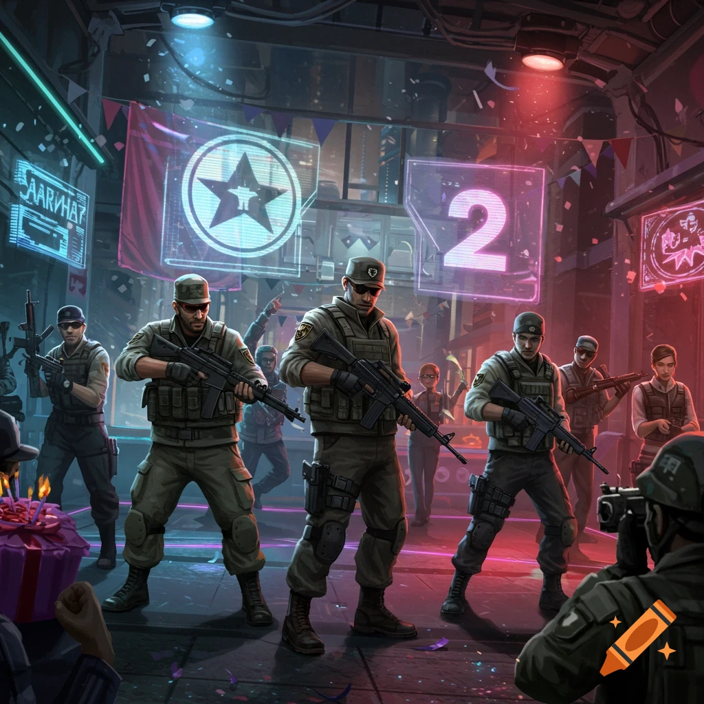 Soldiers with guns celebrating a birthday under a large '2' banner.