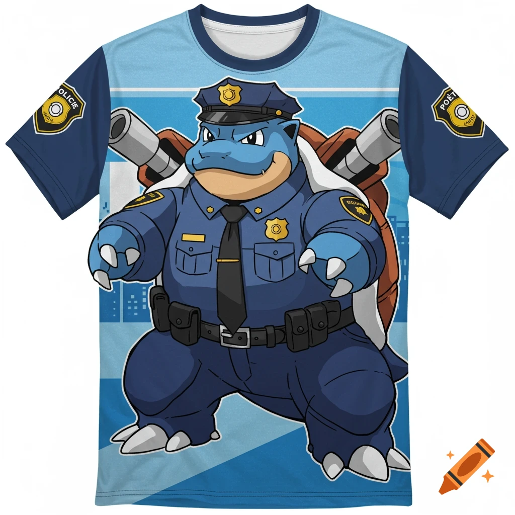 Blastoise dressed as a police officer on a t-shirt
