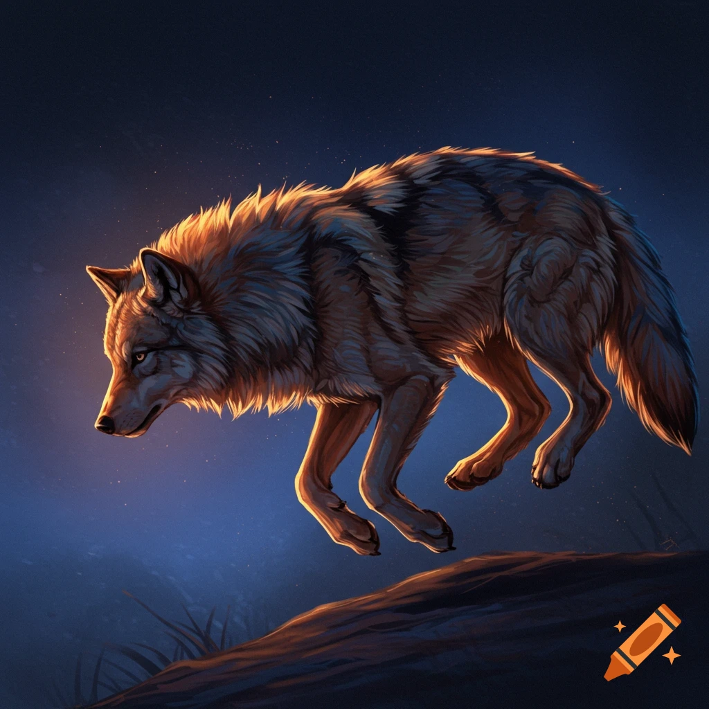 A wolf leaping off the ground against a dark sky.