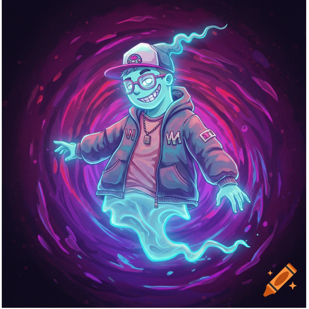 A glowing blue ghost character wearing a hat and jacket against a swirling background.