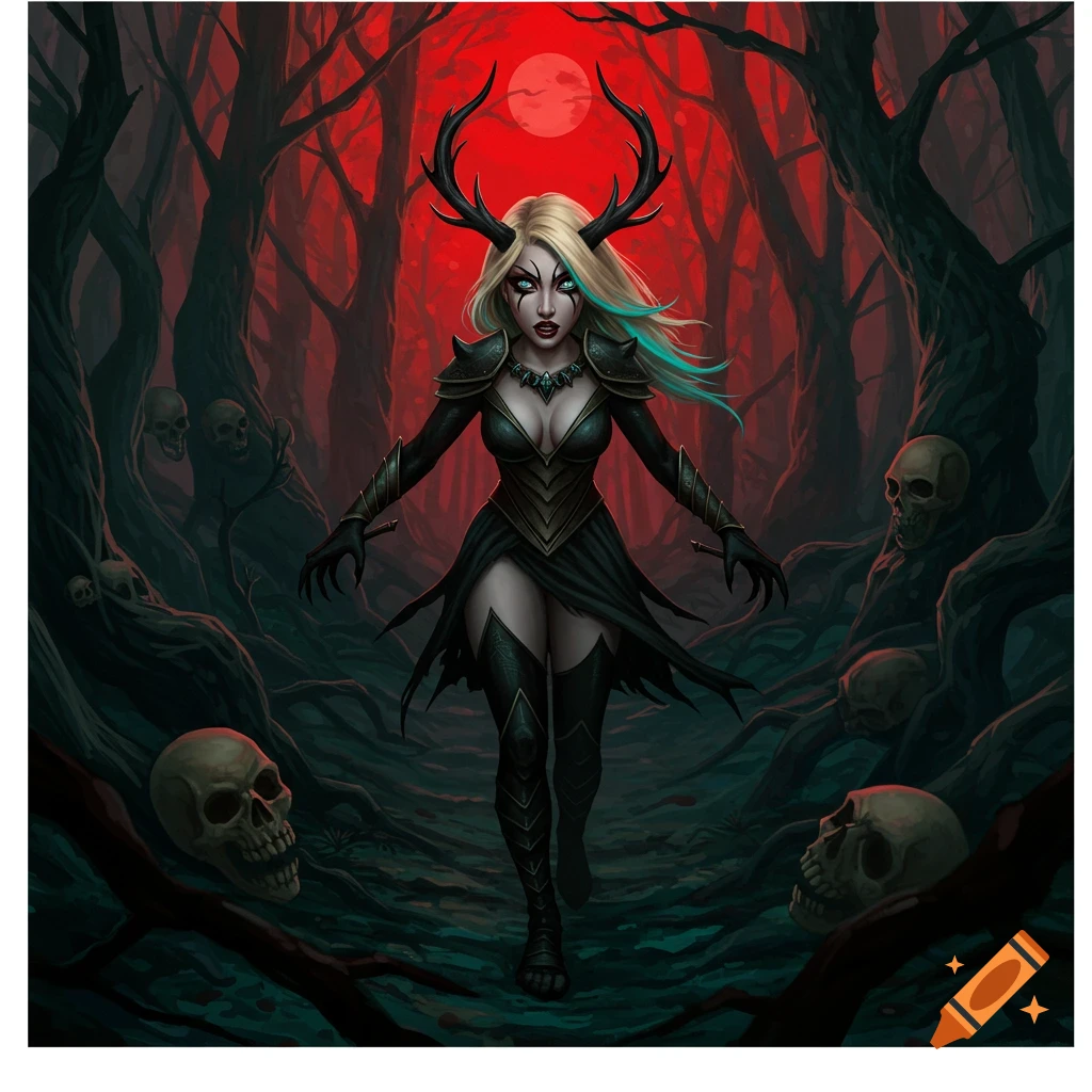 A horned woman in a dark dress walks through a spooky forest with skulls under a red moon.